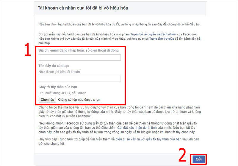 Nhập thông tin cá nhân để mở vô hiệu hóa tài khoản Facebook
